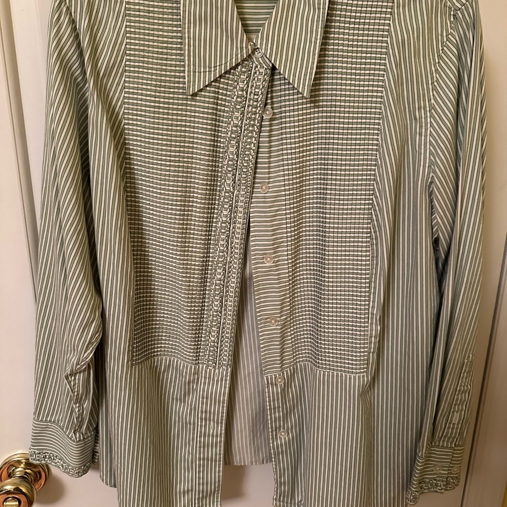 Jones New York Green and White Striped Button-Front Blouse Size 1X